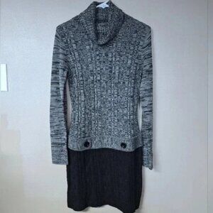 IZ Byer Knitted Turtleneck Drop-Waist Sweater Dress Gray Black